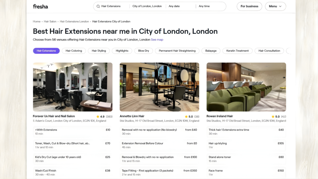 Hair Extensions Cost according to Fresha