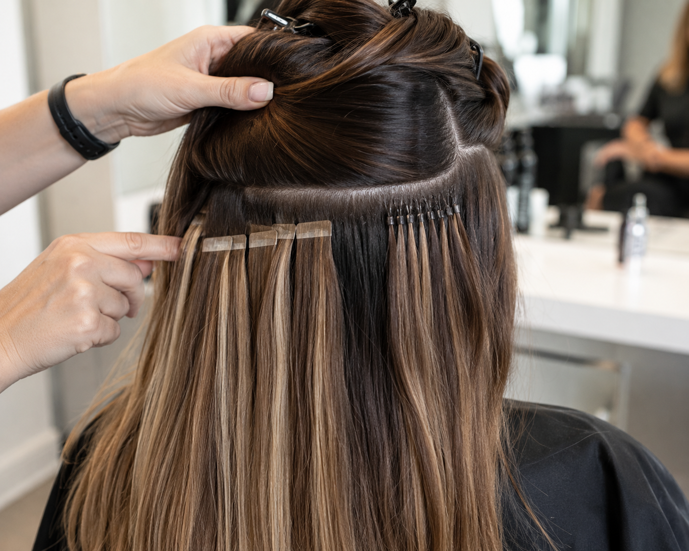 Close up comparing tape-in and nano ring extensions fitted at Hair Nova Finchley