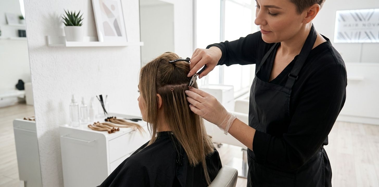 Specialist safely removing hair extensions for a client at Hair Nova Finchley