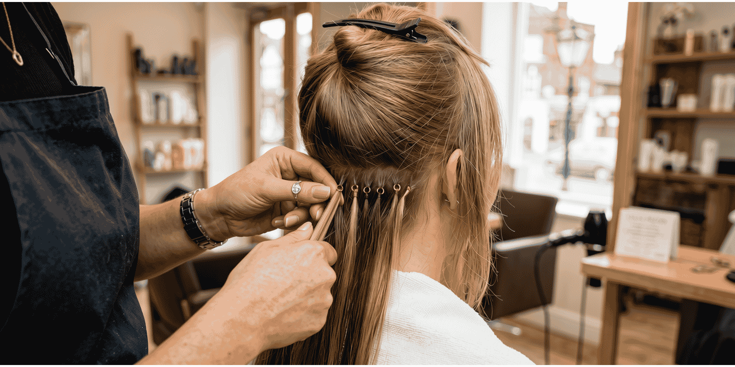nano ring hair extensions being applied in a Finchley hair salon