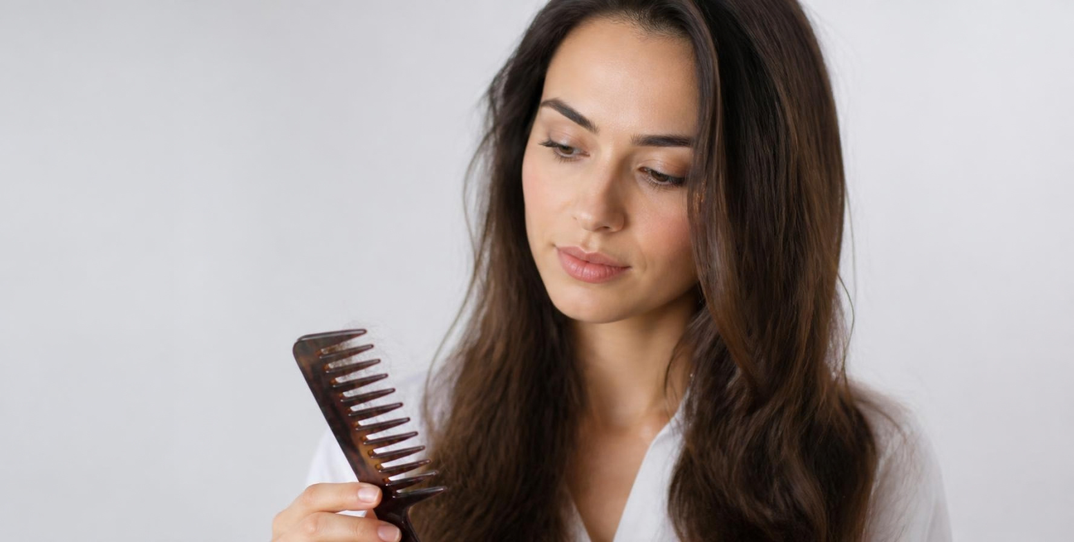 Woman checking comb for hair shedding, seasonal hair loss in autumn at Hair Nova Finchley
